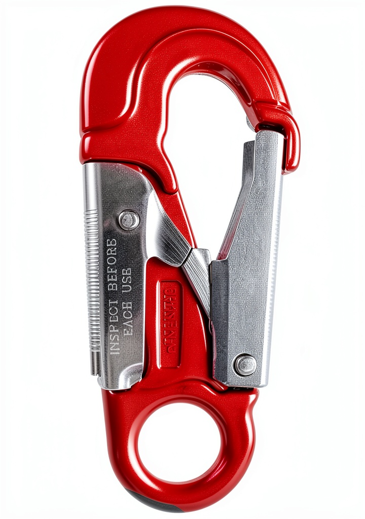 Red aluminum locking rope snap attached to a climbing rope
