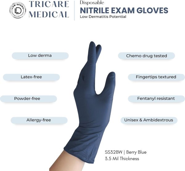 Low Derma Nitrile Exam Gloves, Chemo drug tested, Latex free, Powder free, Berry Blue, 3.5 mil, S, M, L, XL-1