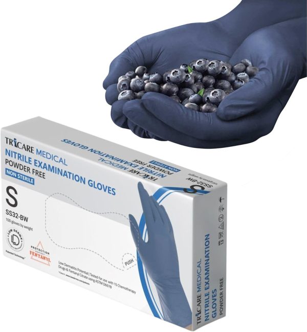 Low Derma Nitrile Exam Gloves, Chemo drug tested, Latex free, Powder free, Berry Blue, 3.5 mil, S, M, L, XL-6